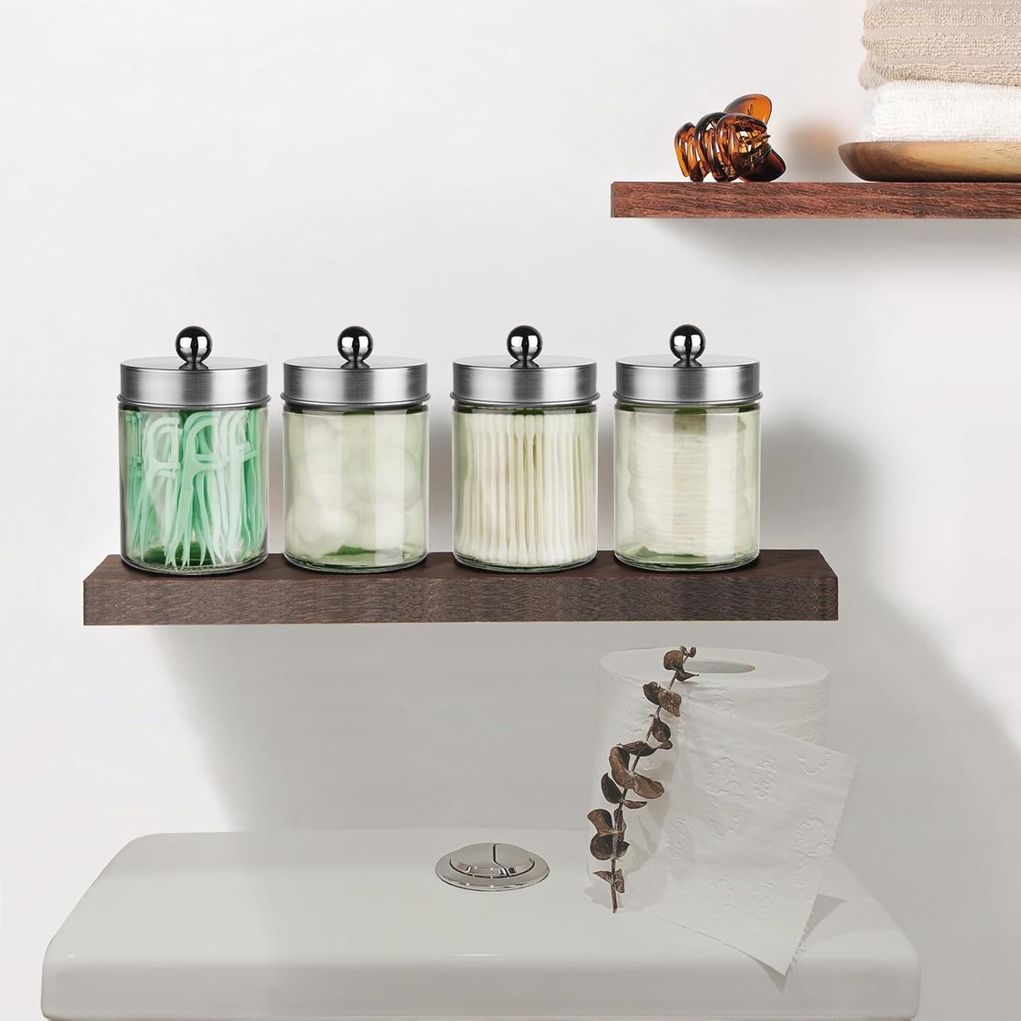 Amolliar Sage Green Glass Apothecary Jar, Qtip Holder Metal Lid & Sticker, Bathroom Qtip Dispenser Storage Canister, Perfect for Cotton Balls, Swabs, Round Pads, Bath Salt, Floss,Brushed Nickel 1 Pack