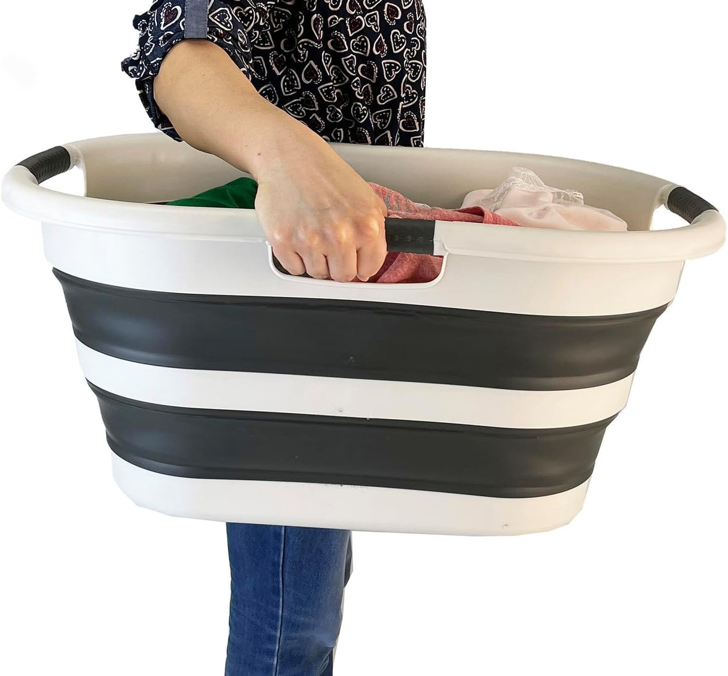 SAMMART 40L (10.5 gallon) Collapsible Plastic Laundry Basket - Foldable Storage Container- Portable Washing Tub - Space Saving Hamper (1, Grey/Washed Black)