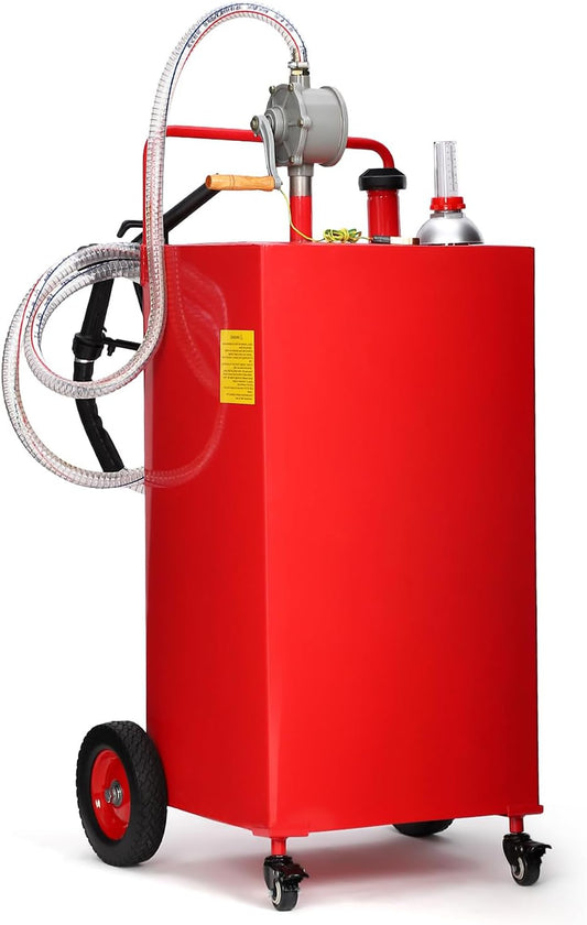 35 Gallon Gas & Diesel Fuel Caddy with Transfer Pump – Mobile Fuel Storage Tank with 4-Wheel Cart for Boats, Lawn Mowers, Snowblowers, Motorcycles & Construction Equipment - Red
