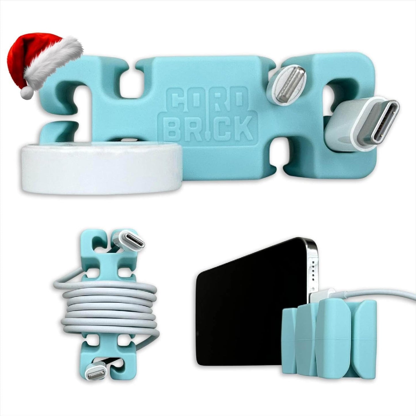CordBrick Stocking Stuffers for Adults Cord Management Weighted Cord Holder Cable Wrap Phone Stand - Multiuse Gadget Organizer for Nightstand, Desk. Gift for Men, Durable Silicone. Aqua