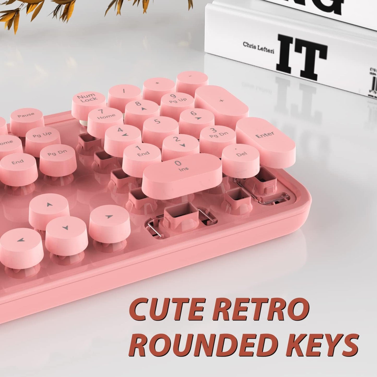 Wireless Keyboard,KOOTOP Cute Colorful 104 Keys Typewriter Retro Round Keycaps Keyboard for PC Laptop,Desktop,Windows, Home and Office Keyboards (Pink)