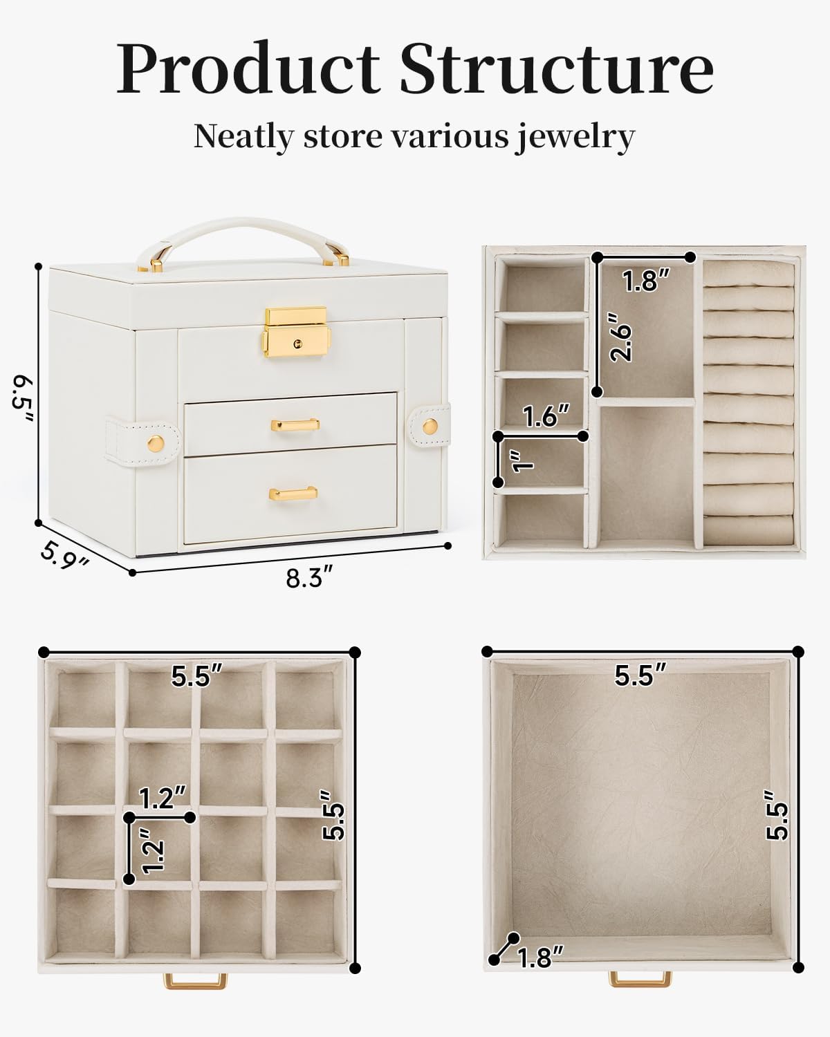 TORIBIO Jewelry Box for Women, Leather Jewelry Organizer with Mirror & Lock, 3-Tier Jewelry Storage Organizer with 2 Drawers for Girls/Women/Mothers, Necklace Earring Bracelets Holder Organizer