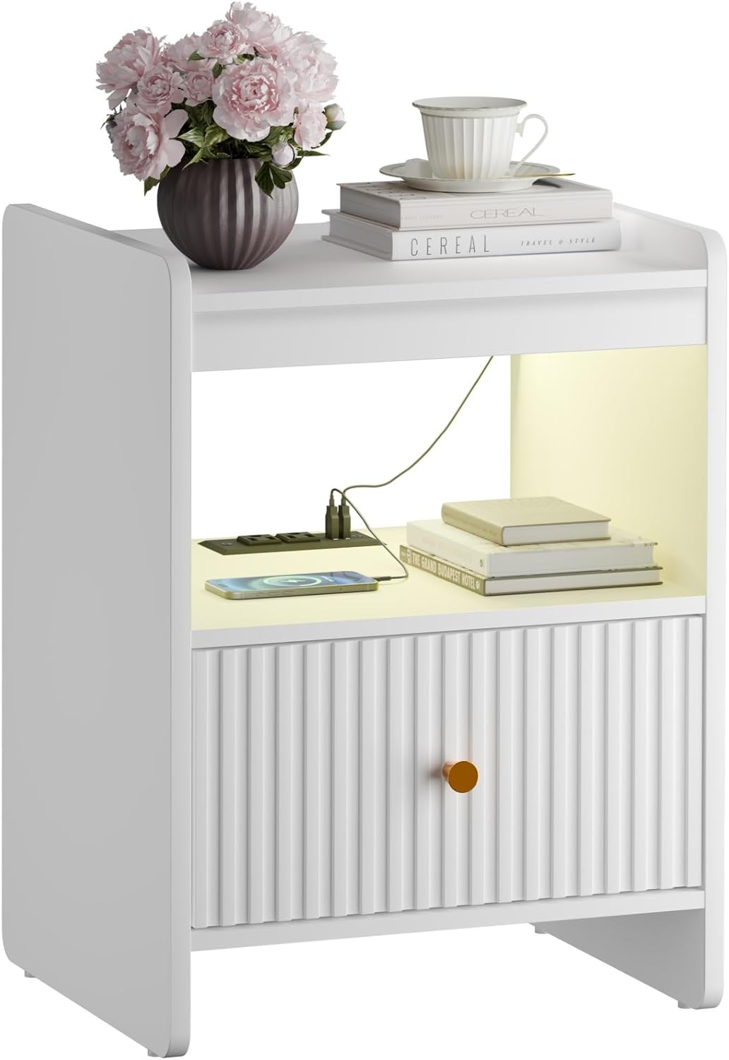 HIFYOBRO 21.6" Tall Fluted Nightstand, End Table with Charging Station and LED Light, Modern End Side Table with Drawer(White)