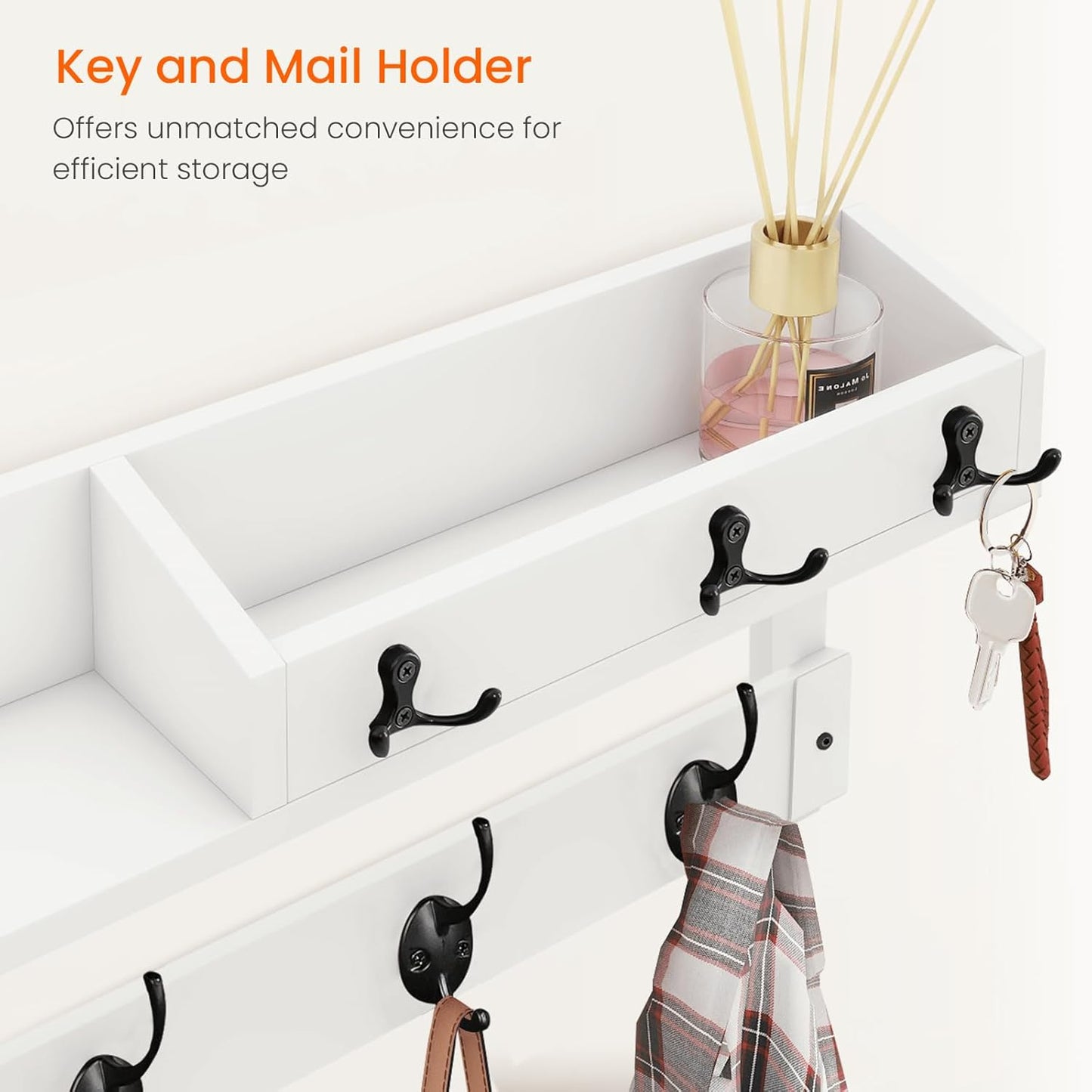 Homode Coat Rack Wall Mount with Hooks and Mail Holder, Entryway Floating Shelf with Key Hooks, Hanging Coat Hanger for Entry, Bathroom, Hallway, Bedroom, White