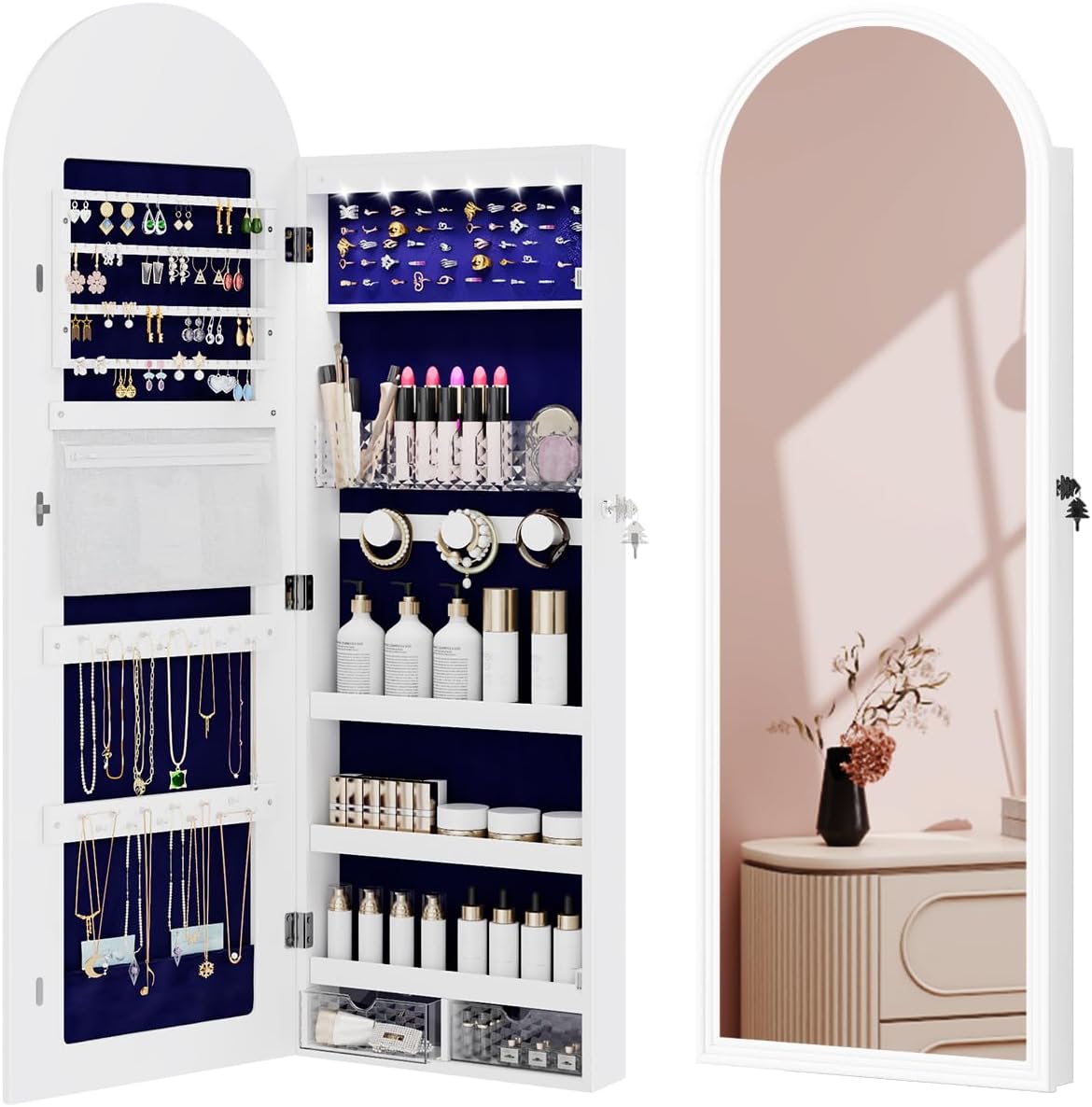 Jewelry Cabinet Organizer with Mirror, 47 inch Lockable Full-Length Mirror Jewelry Armoire Hanging Door/Wall Mounted with 6 LEDS, Arched Framed Mirror Cabinet with Storage, Gift for Women, White