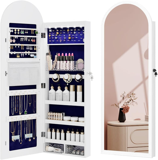 Jewelry Cabinet Organizer with Mirror, 47 inch Lockable Full-Length Mirror Jewelry Armoire Hanging Door/Wall Mounted with 6 LEDS, Arched Framed Mirror Cabinet with Storage, Gift for Women, White