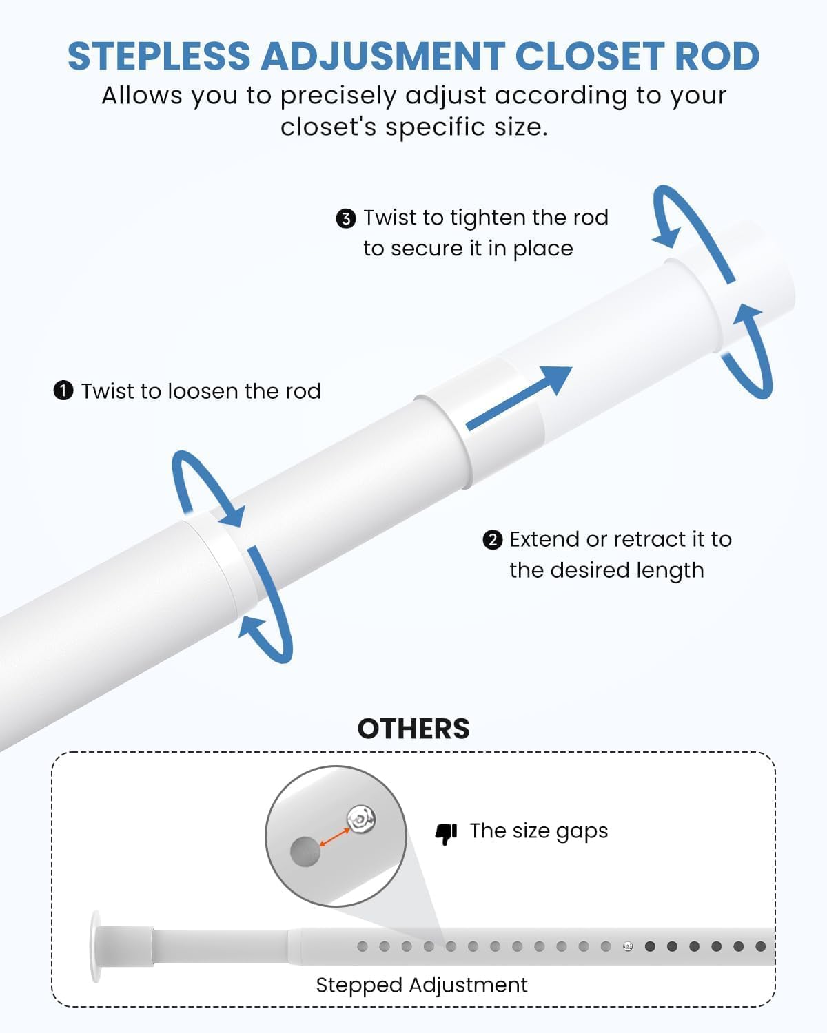 Closet Rods for Hanging Clothes, 17 to 69 Inches Stepless Adjustable Metal Closet Rod, 1.3 Inches Heavy Duty Clothes Hanging Rod for Closet Wardrobes Laundry RV, White