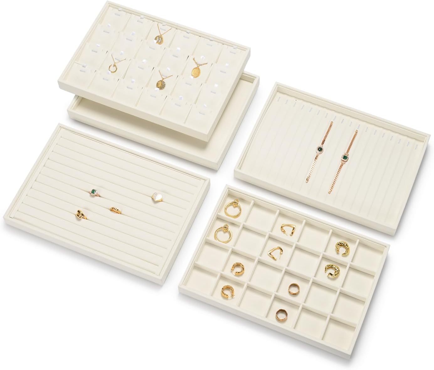 Stackable Beige Jewelry Organizer Tray Premium Microfiber 24 Grid Jewelry Display Trinket Earring Ring Organizer Tray