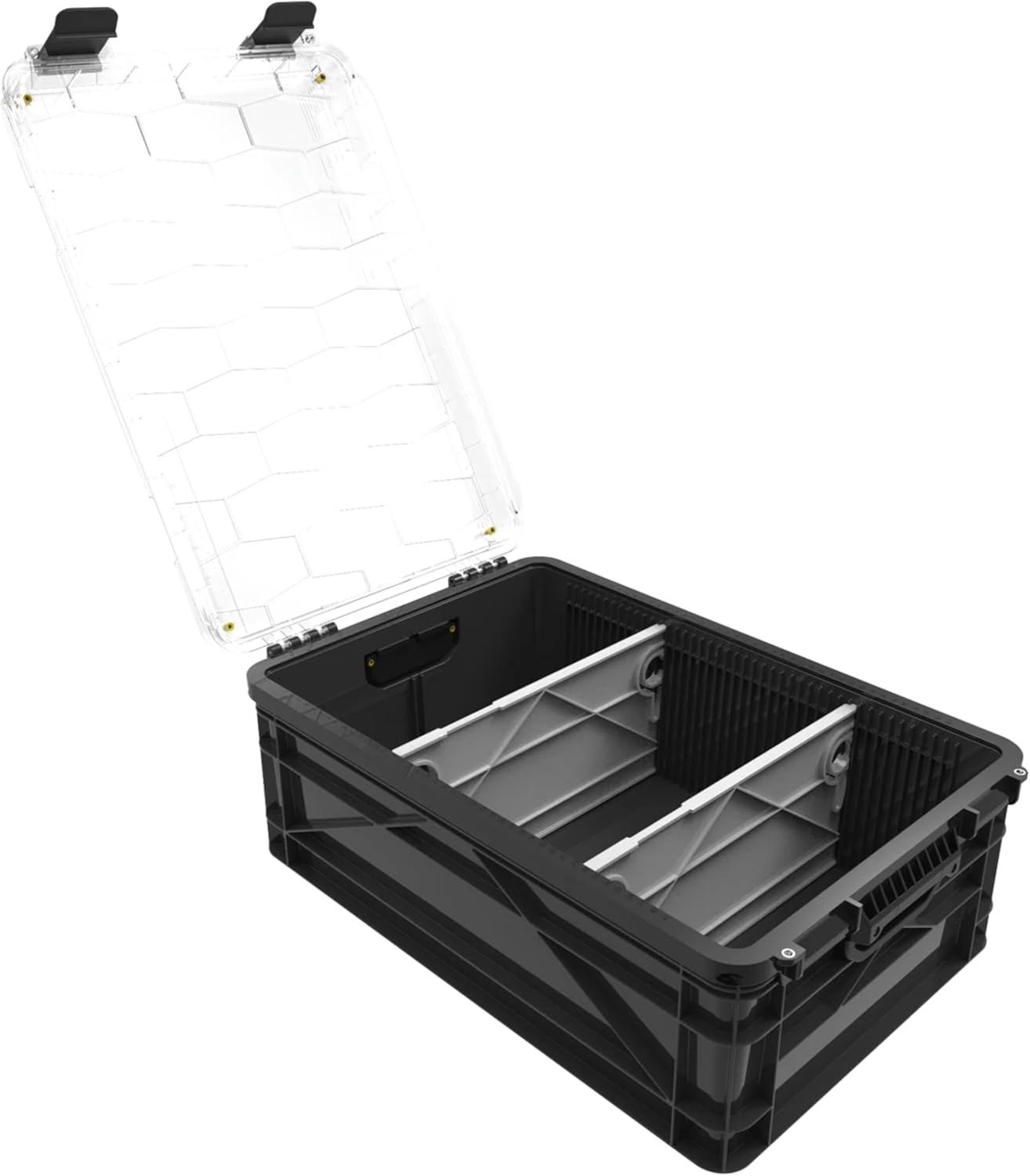 SIDIO Weather Resistant Stackable Storage Bins for Organization - Half-Size Plastic Bin with Dividers for Garage Organization, Home Storage - Heavy Duty Organizer Box (Black)