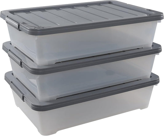 3-pack 40 Quarts Large Plastic Under Bed Boxes with Wheels, Shallow Storage Tote Bins