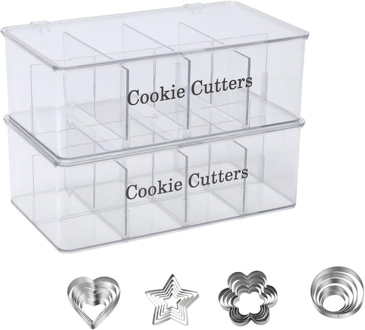 2 Pack Cookie Cutter Tool Storage Box,Cake Decorating Supplies Storage Accessories Bins,Baking Storages Containers with Dustproof Lid,Biscuits Cutter Organizer Storages with 8 Adjustable Compartment