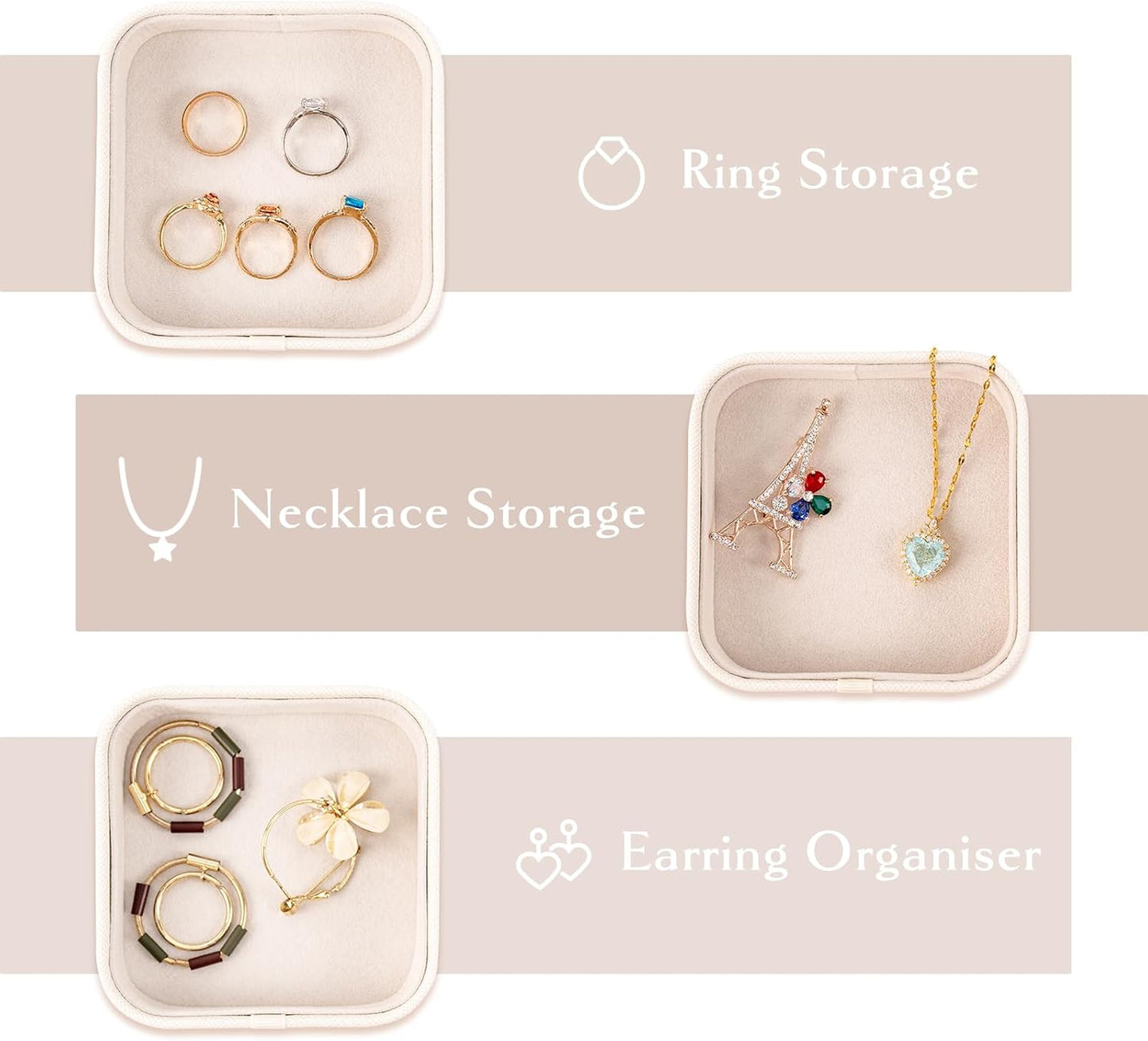 SANQIANWAN Set of 3 Small Stackable Jewelry Organizer Trays Mini Jewelry Drawer Oragnizer Small Jewelry Display Tray for Necklace Bracelet Rings Earrings and Makeup (White)