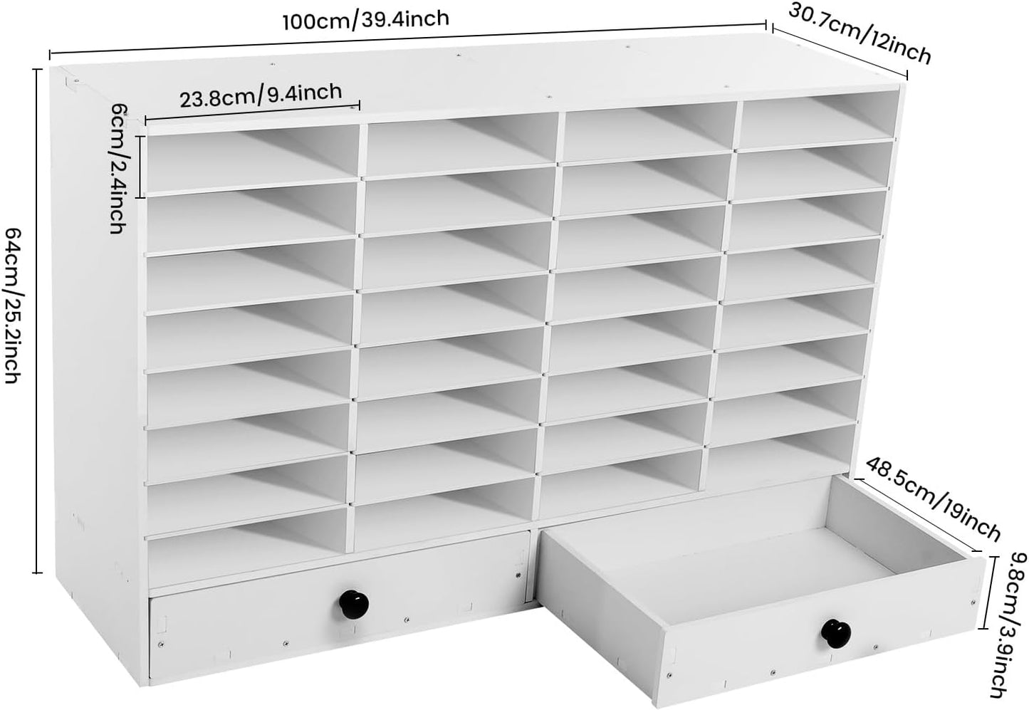 Adjustable Literature Organizer, 32 Compartments Mail Sorter Organizer with 2 Drawers, PVC Desktop File Sorter, Classroom Mailbox Office Mailbox Cubbies for Office, Home, Study Room White