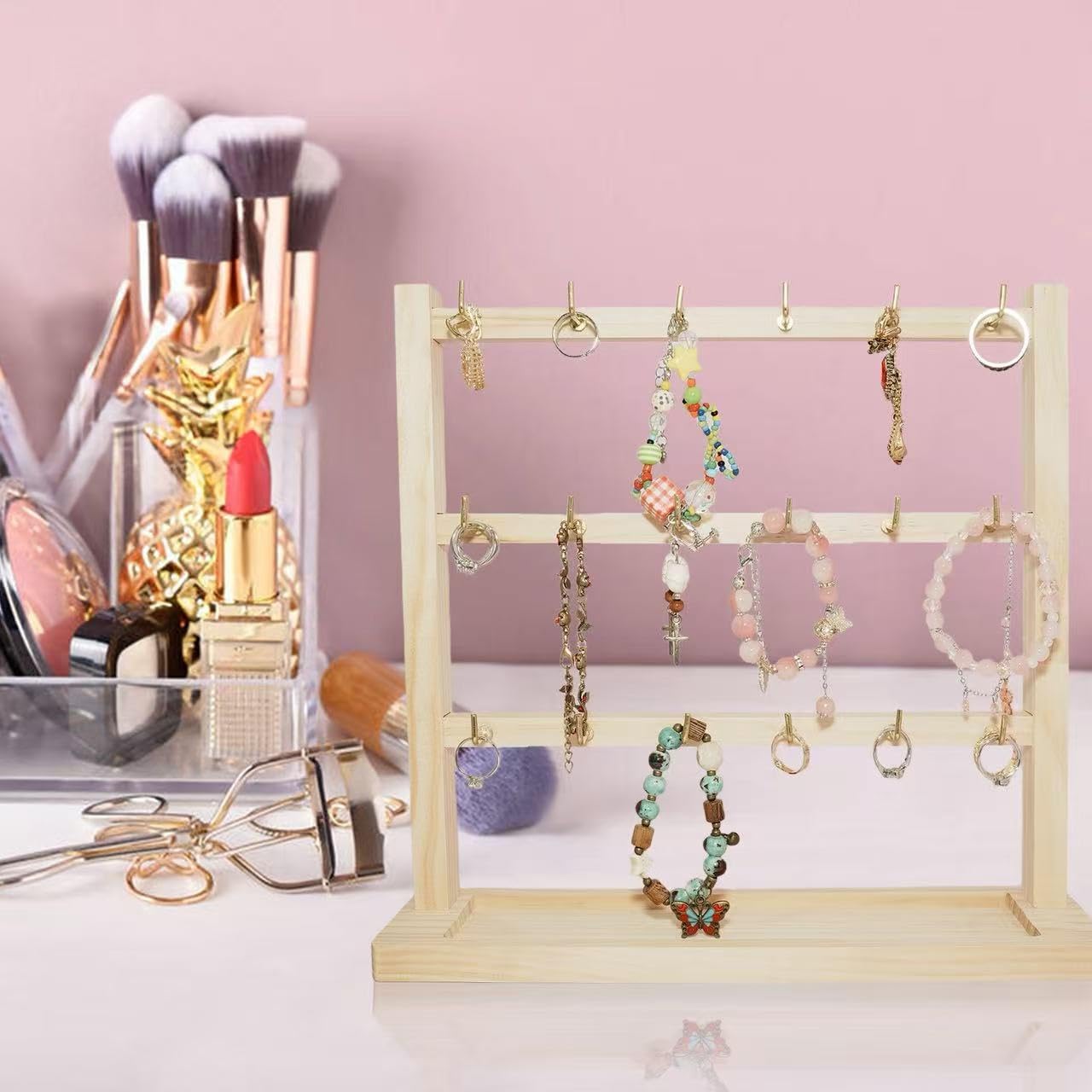 3 Layers of Wooden Display Eacks With Hooks for Necklaces. Rings, Earrings, Bracelets, And Other Jewelry Storage Display Rack