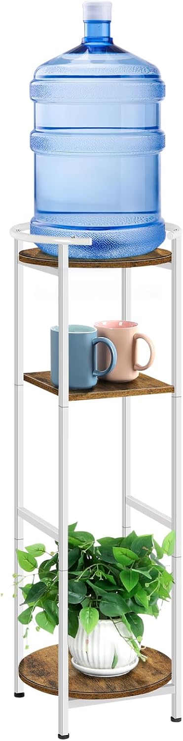 OYEAL Water Dispenser Stand 5 Gallon Water Cooler Jug Storage Rack Water Filter Stand with 2 Storage Shelves, Modern Flower Shelf Display for Home Kitchen Office Space Save, Rustic Brown & White