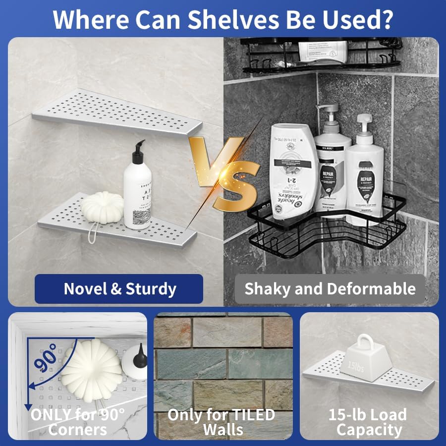 Corner Shower Shelf, 12" Trapezoid Grout in Shelf, 304 Stainless Steel Grid Design Recessed Bathroom Shelf for Tiled Wall