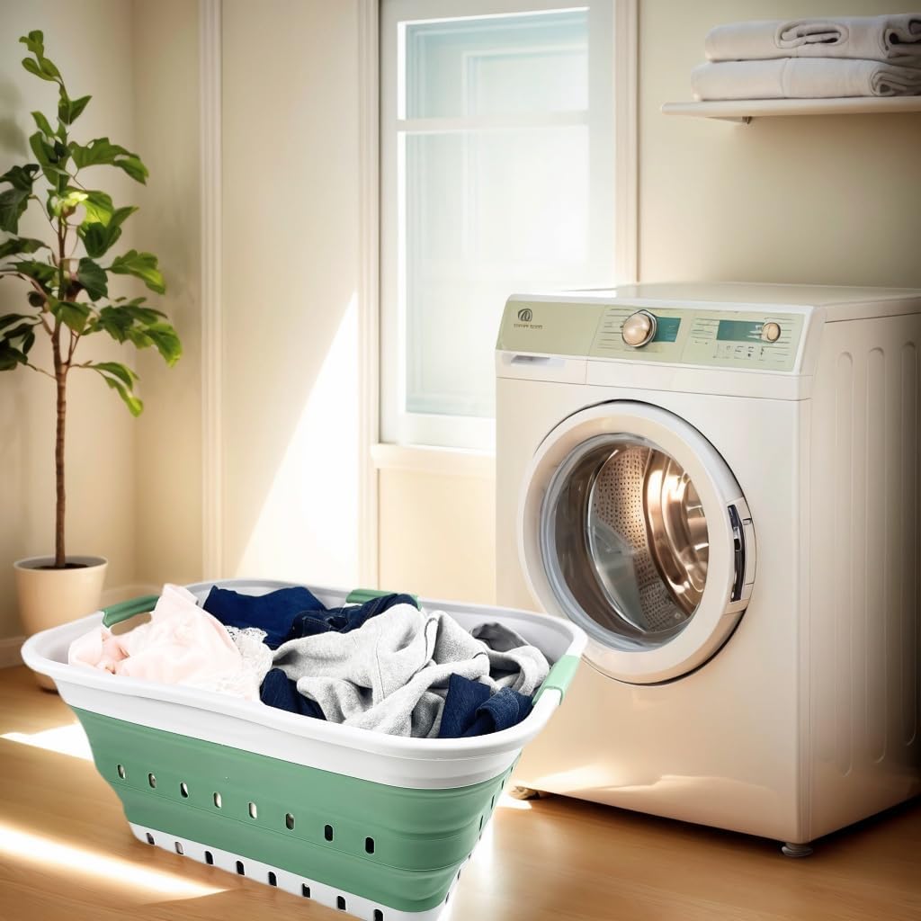 SAMMART 42L (11 gallon) Collapsible Plastic Laundry Basket - Foldable Pop Up Storage Container/Organizer - Portable Washing Tub - Space Saving Hamper/Basket (Grey/Dark Sea Green)