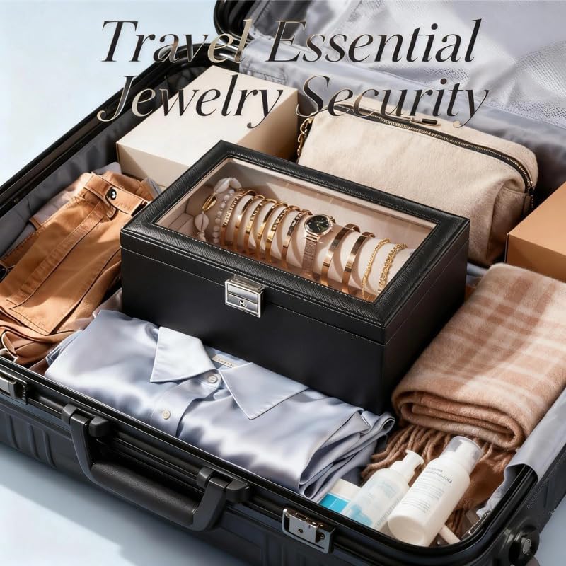 Delicate Jewelry Storage Box with Lock and Two Rolls Clear Lid Display Holder for Bracelet Watch Bangle Gift 10 * 7 * 3.7 Inches