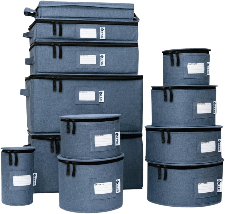 Hard Shell China Storage Containers 12-Piece Set Moving Boxes for Dinnerware, Glasses, Plates, Mugs and Saucers Sturdy Dish Organizer with Dividers for Seasonal Storage - Service for 12 - Blue