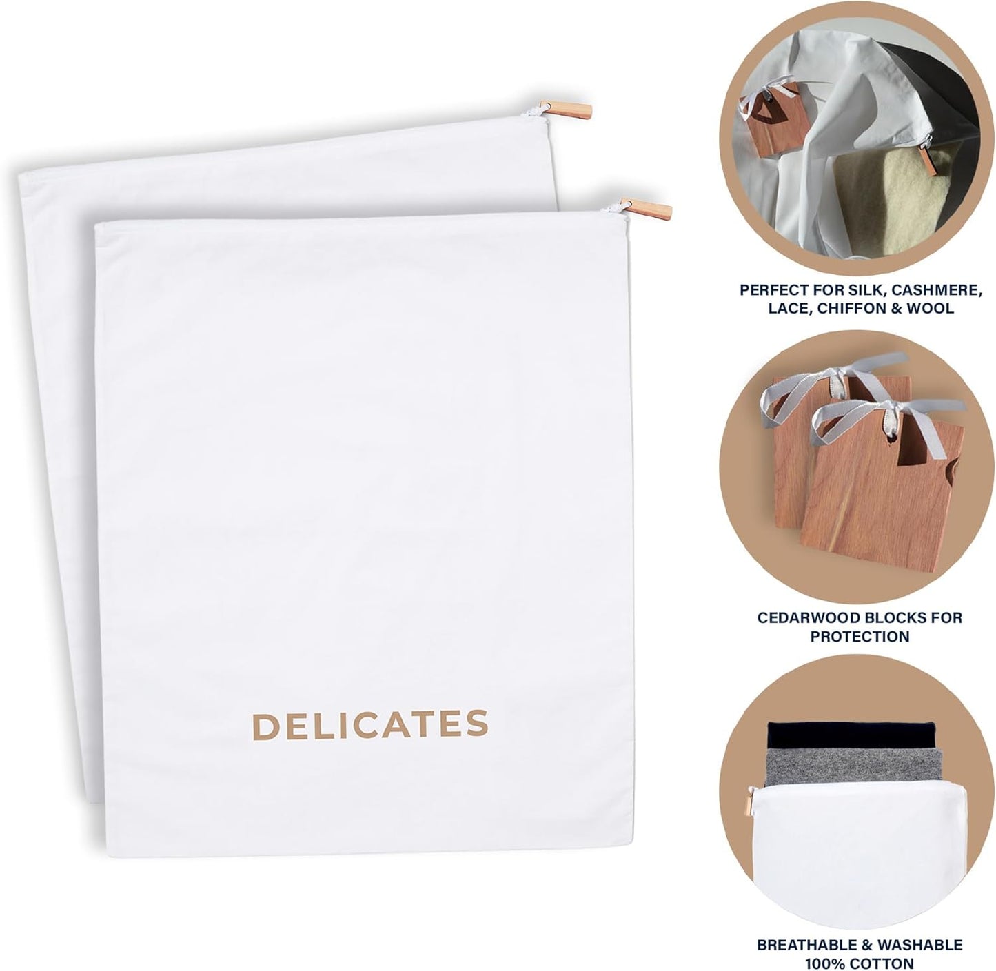 Delicates, Cashmere Wool Sweater Storage Bag Pouch Set with integrated Cedar Wood (Delicates)