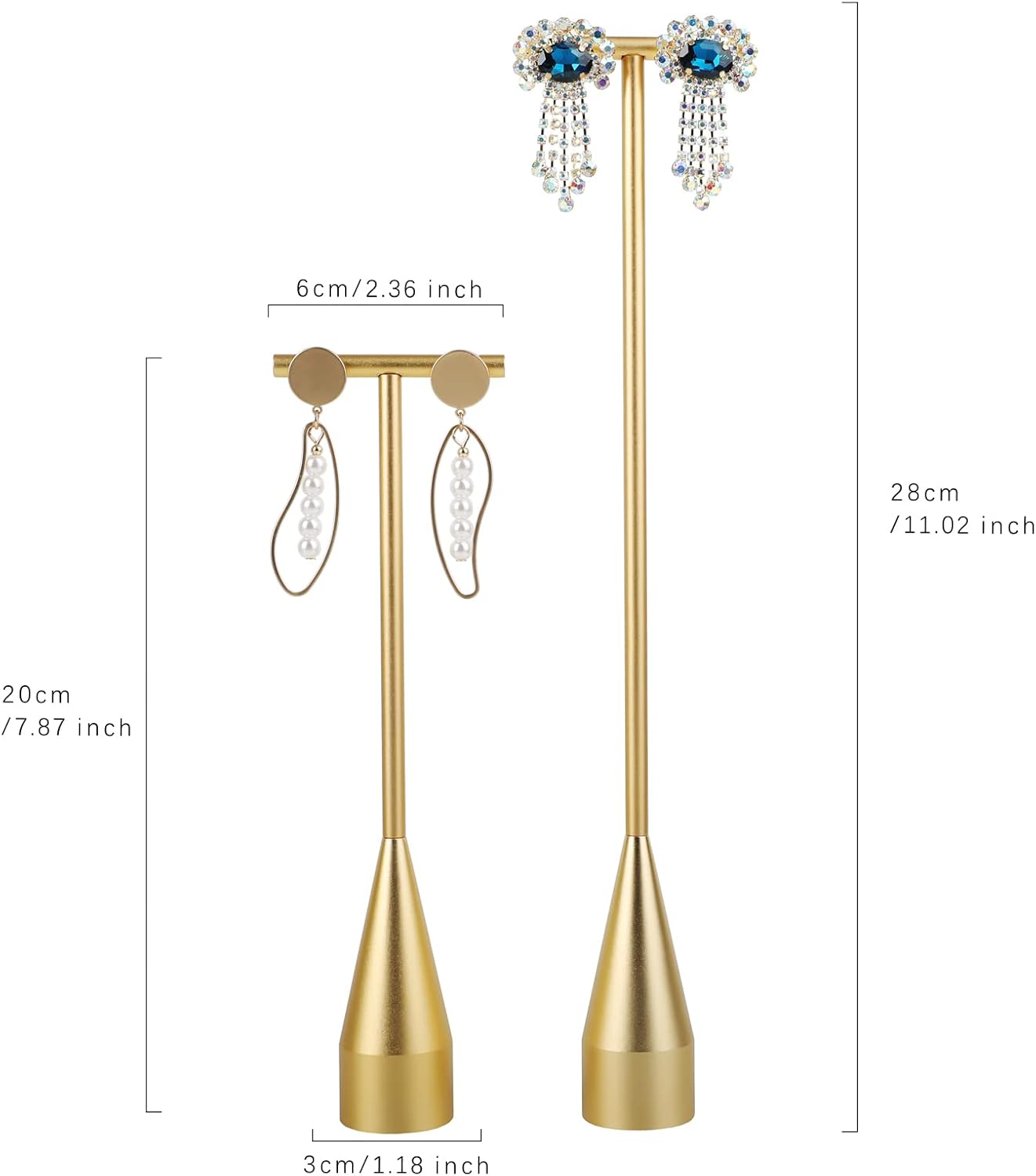 GemeShou 2pcs Gold earring display T bar stand, Big jewelry earring holders for Boutique Store, Jewelry holders high enough for long earring necklace【Gold-2pcs Height 7.9" and 11"】