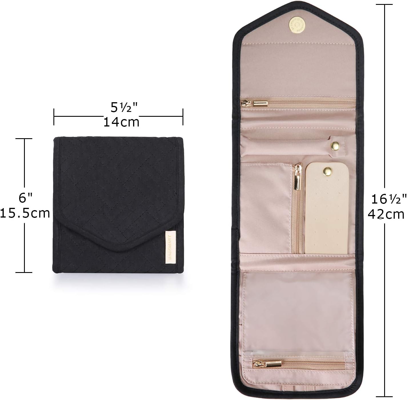 BAGSMART Travel Jewelry Organizer Case Foldable Jewelry Roll for Journey Rings, Necklaces, Earrings, Bracelets, Mini, Black