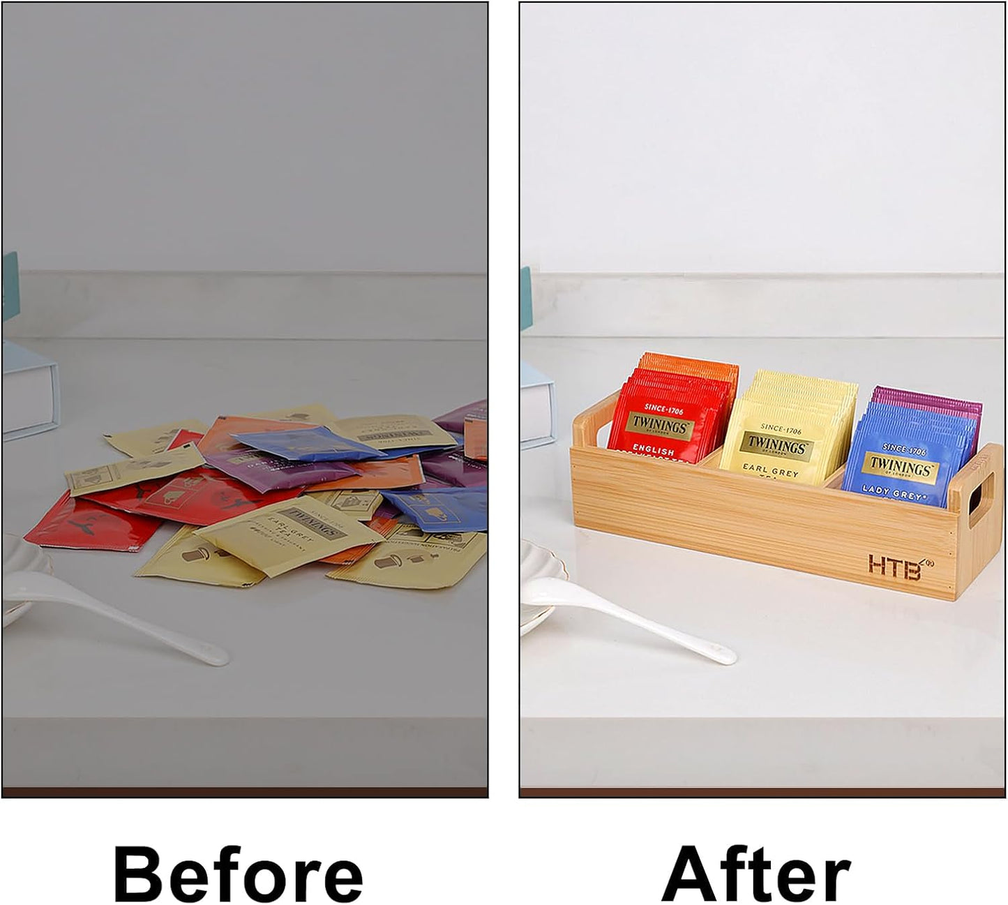 HTB Small Tea Bag Holder, Bamboo Tea Organizer 3 Compartments for Beverage Suppliers, Sugar, Sweeteners, Individual Packets, Portable Tea Bag Organizer for Home Kitchen Counter or Office
