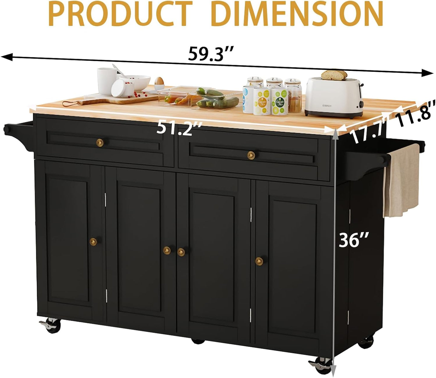 59’’ Rolling Kitchen Island Cart with Drop Leaf and Power Outlet, Movable Kitchen Islands with 3-Tier Door Storage Shelf, Island Table on Wheels, 2 Large Drawers, Towel Racks, Black