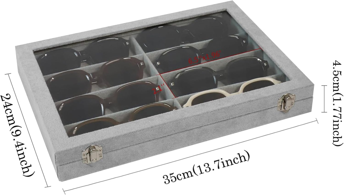 Wudygirl Jewelry organizer Sunglass Organizer 8 Slot Velvet Jewelry Tray Sunglasses Case with Lid Multi Eyeglass Case for Women Men（8 Grid