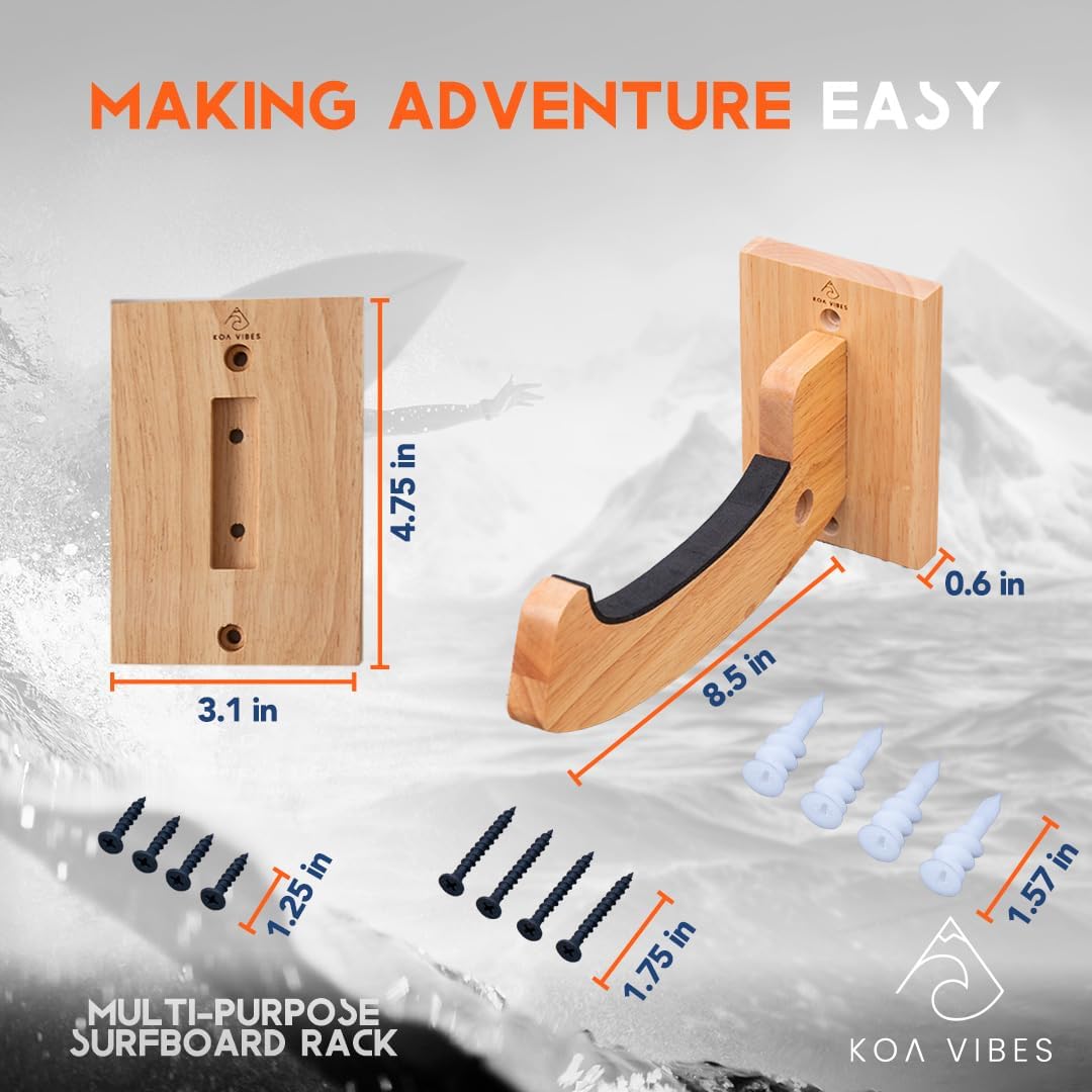 Wood Surfboard Wall Mount and Snowboard Mount - Versatile Heavy Duty Surfboard Holder, Wakeboard Mount, Longboard Skateboard Rack - Extra Hole to Hang Accessories
