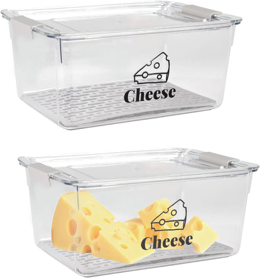 Cheese Container Airtight with Draining Basket Cream Cheese Sliced Cheeses Box with Lid Saver for Fridge Cheeses Keeper Cream Block Shredded Storage Box Saver (Clear - 2 Pack)