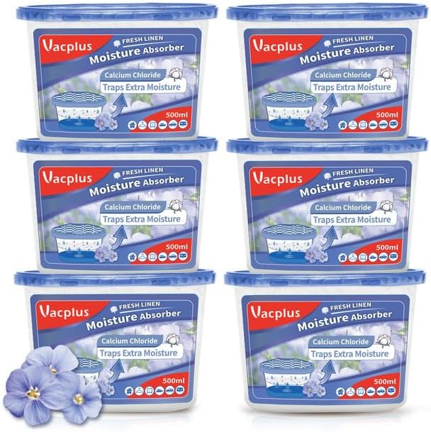 Vacplus Moisture Absorbers 6 Pack, 10.5 Oz Portable Humidity Absorber Boxes for Your Bathroom, Closet & Car, Dehumidifier with Fresh Linen Fragrance, Dutch Blue