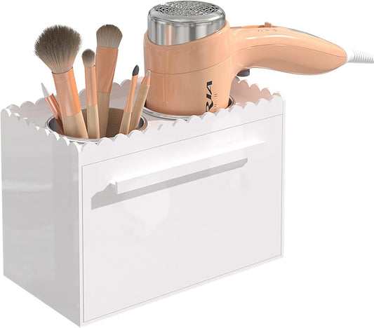 Hair Tool Organizer, Wall Mount Acrylic Hair Dryer Holder with 2 Cups Box Organizer, Scalloped Hair Styling Tools Organizer for Curling Iron Straightener Bathroom Storage(2 Cups Scalloped Box Set)