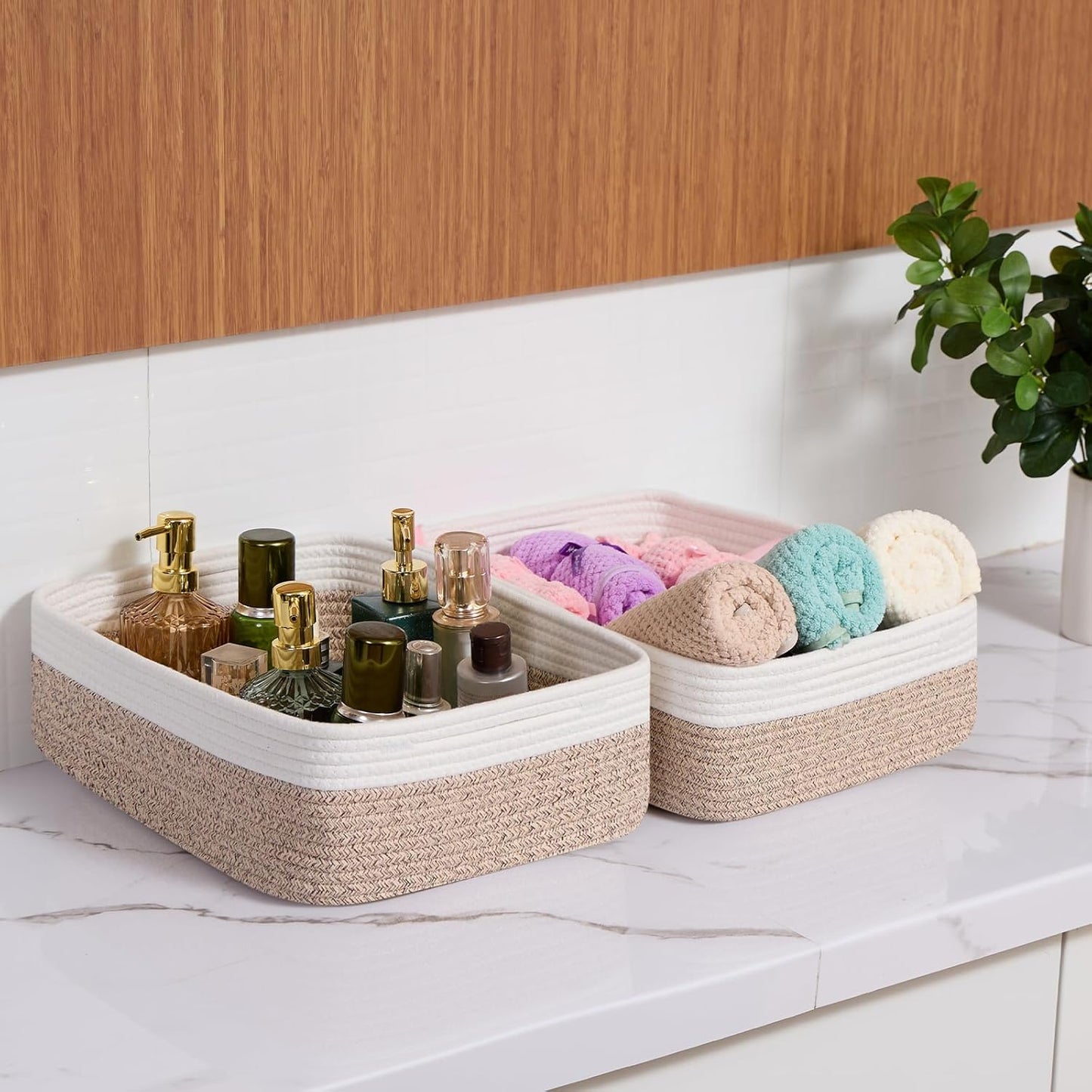 Large Shallow Organizing Baskets 15x11x5.1 Inches - Rope Woven Storage Bins for Bathroom, Shelves, Cube Closet, White Mixed Brown 4 Packs