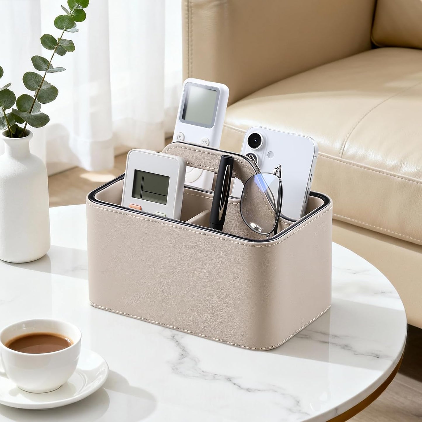 Caddy Organizer with Handle, PU Leather Remote Control Holder Desk Caddy, Portable Makeup Office Supply Organizer for Bathroom, Nightstand, Dresser (Beige)
