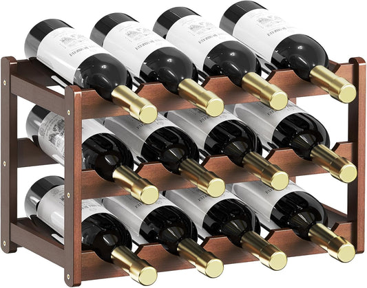 Wine Rack,Bamboo Wine Racks Countertop,Sturdy Wine Rack for Inside Cabinet &Freestanding Floor, 3-Tier 12 Bottles Racks for Kitchen,Cabinets,Home Bar,Wine Storage Racks(3-Tiers)