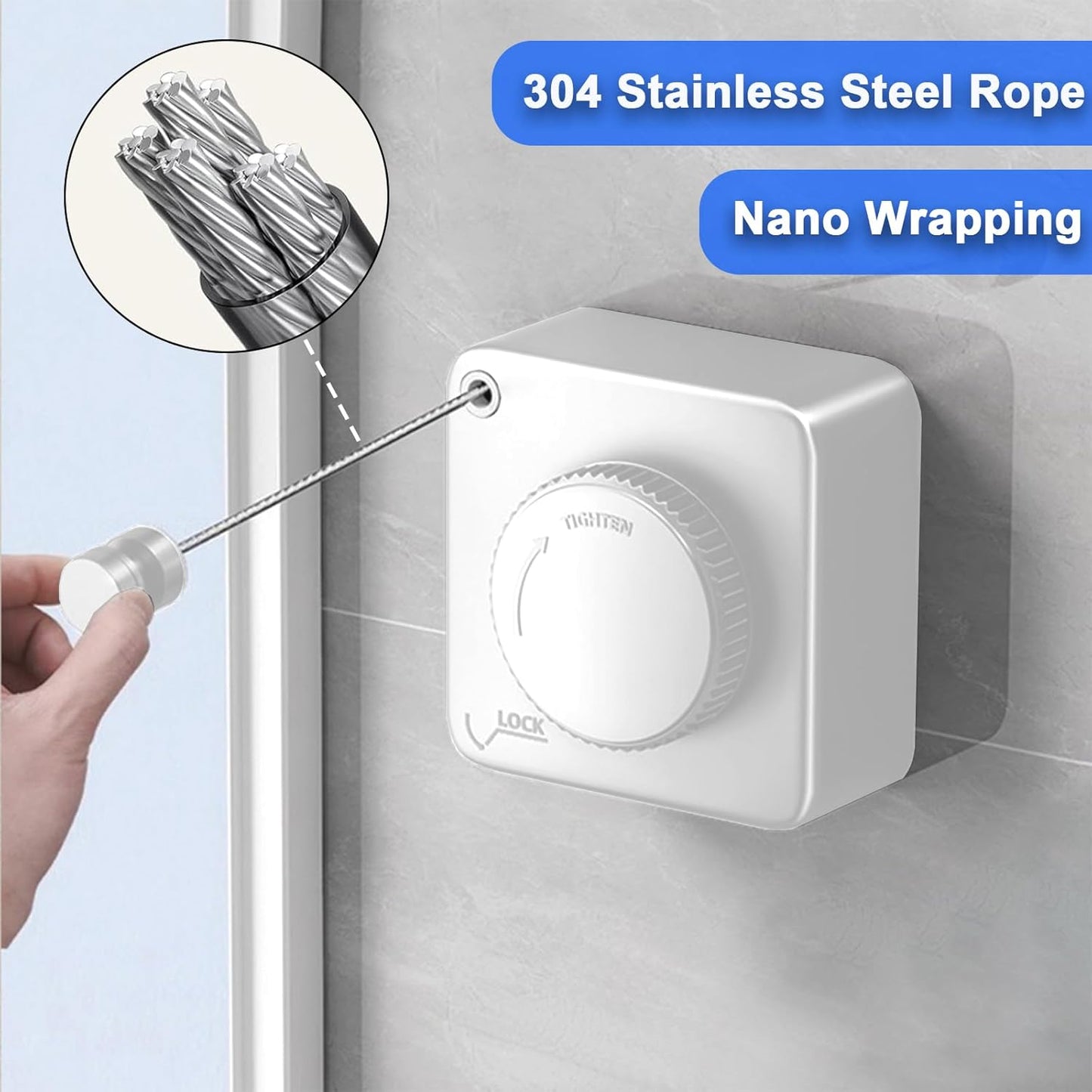 Retractable Clothesline Indoor, Non-Sagging Outdoor Clothes Drying Line Retracting Heavy Duty Clothes Drying Laundry Line Wall Mounted Stainless Steel Line - 15.6 Feet (Square White)