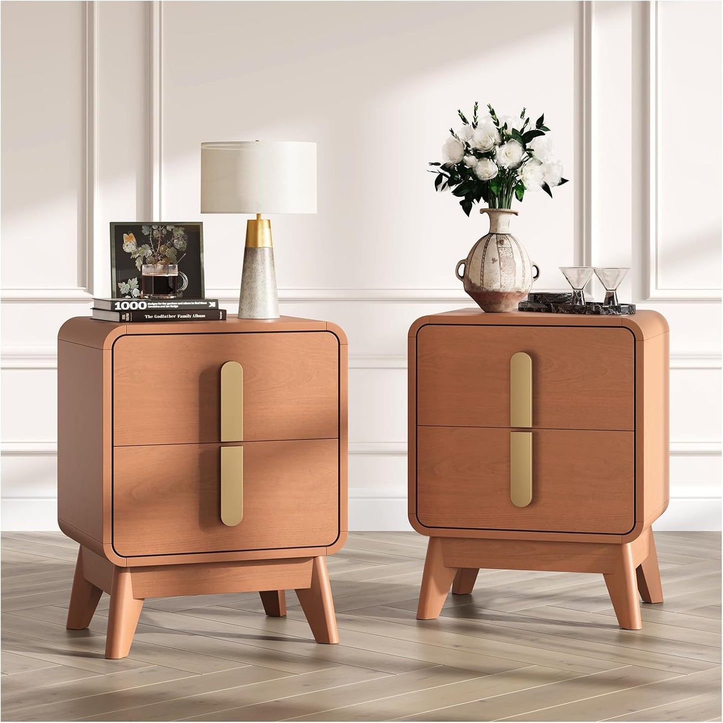 Night Stand Set 2, Mid Century Modern Bedside Table with Drawers, Curved Profile Design End Table with Metal Handle, Nightstand Set of 2 with Storage, Bed Side Tables for Bedroom, Cherry