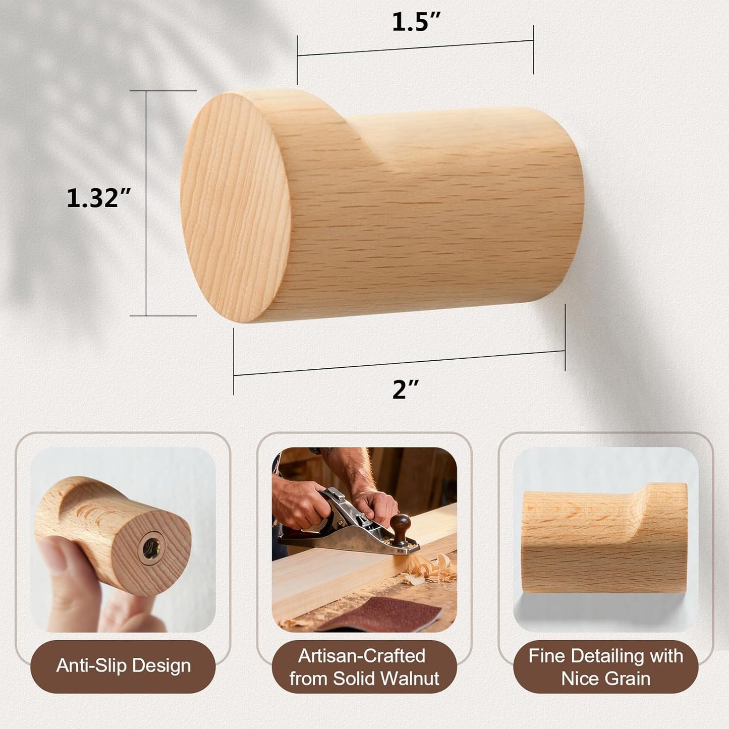 Wooden Wall Hooks 4 Pack, Modern Decorative Coat Hook Wall-Mount, Handmade Rustic Hat Hooks, Entryway Wall Hangers for Hanging Coats Hats Backpack, Bathroom Wood Towel Rack (Natural)