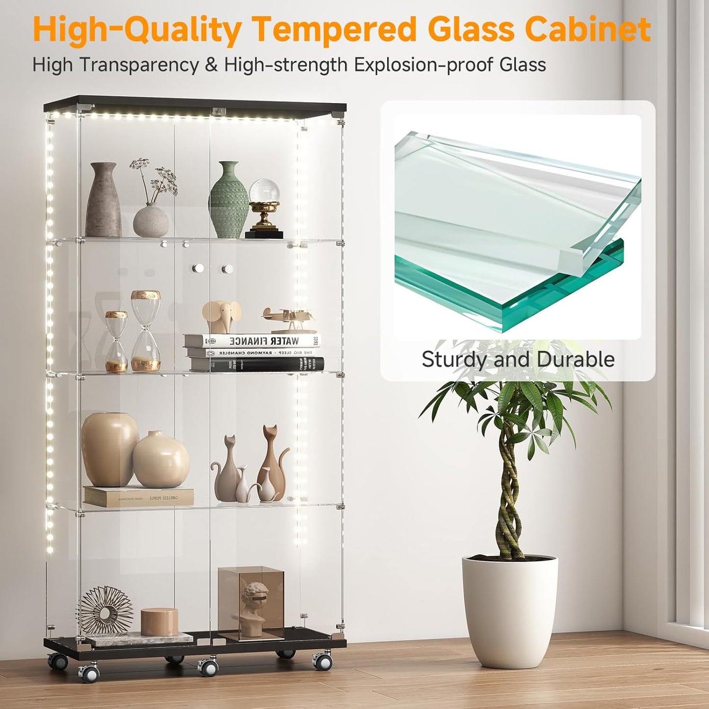 Tempered Glass Display Cabinet with Light Strip, 4-Tier Curio Cabinet with Glass Doors Wheels Locks, Glass Display Case for Collectibles for Living Room, Bedroom, Office, Black, Double Door