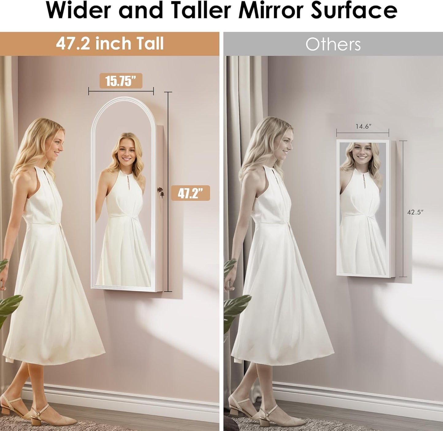 47in Tall Jewelry Cabinet Organizer, Arched Wall or Door Mounted Jewelry Armoire with Full-Length Mirror, 6 LEDS Lockable Hanging Mirror Cabinet with Storage, 2 Drawers, Women Girls Gifts,White