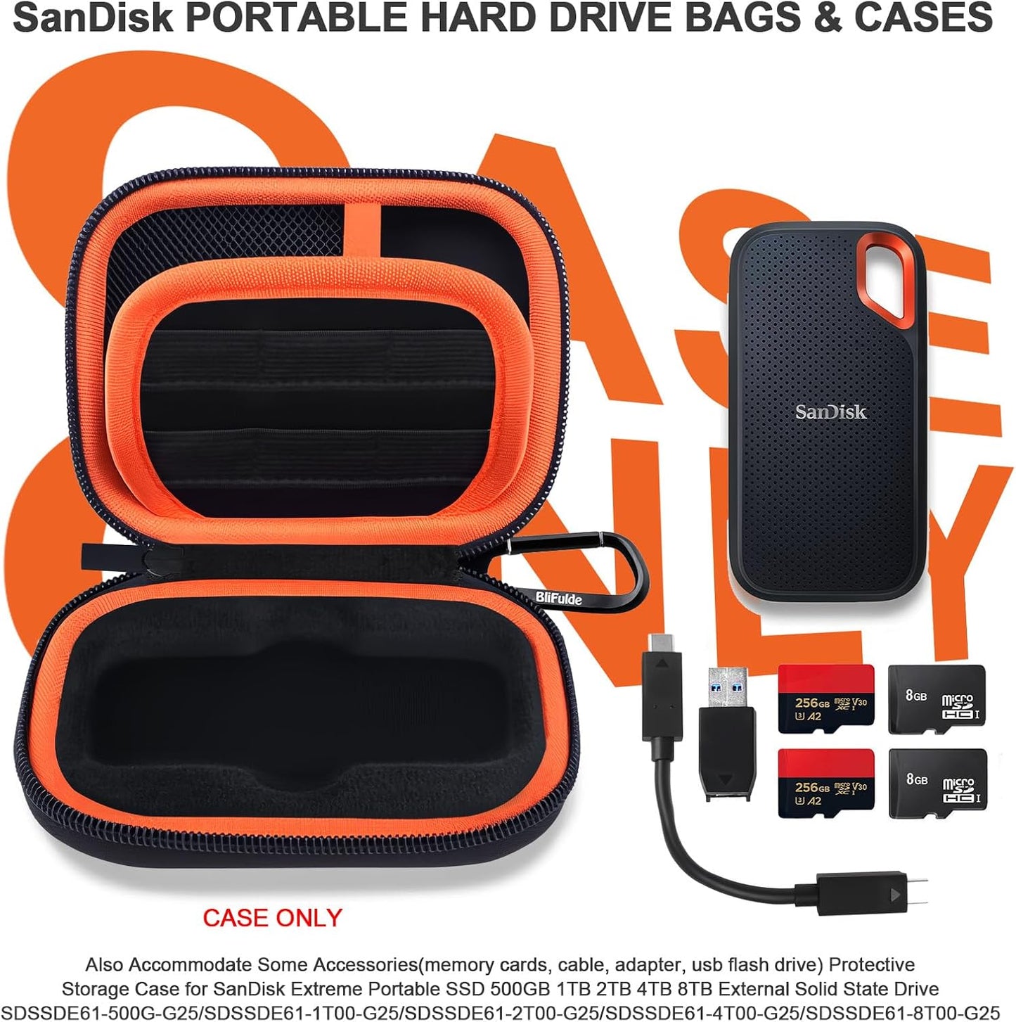 Hard Case for SanDisk Extreme Portable SSD 500GB 1TB 2TB 4TB 8TB External Solid State Drive Case -Custom-Insert Shockproof Protective Storage Travel Bag for SSD SD Card Holder (Orange)
