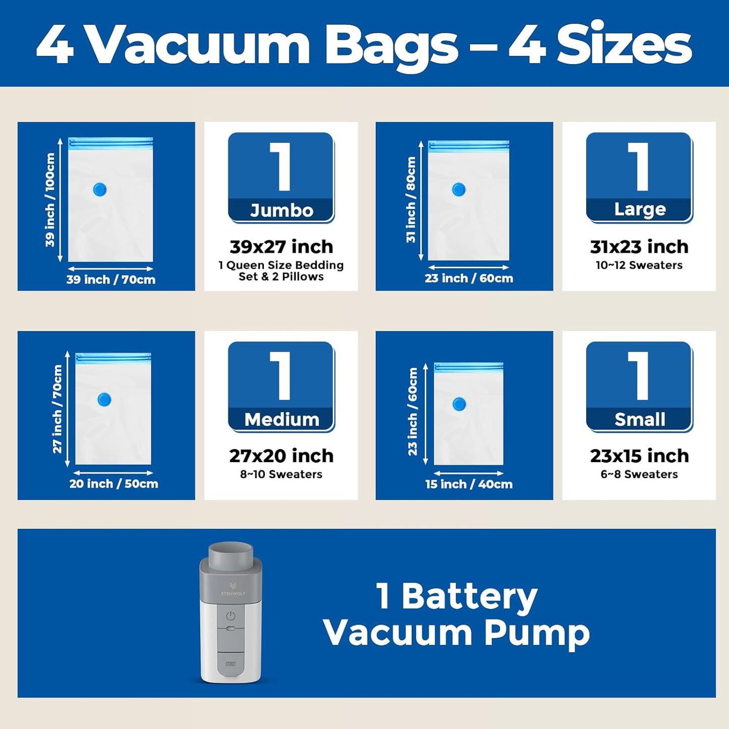 ETENWOLF 4 Pack Vacuum Storage Bags with Rechargeable Wireless Pump, Vacuum Seal Bags for Clothes and Travel, Space Saver Bags in Multiple Carry-On Sizes, Perfect for Luggage and Suitcases