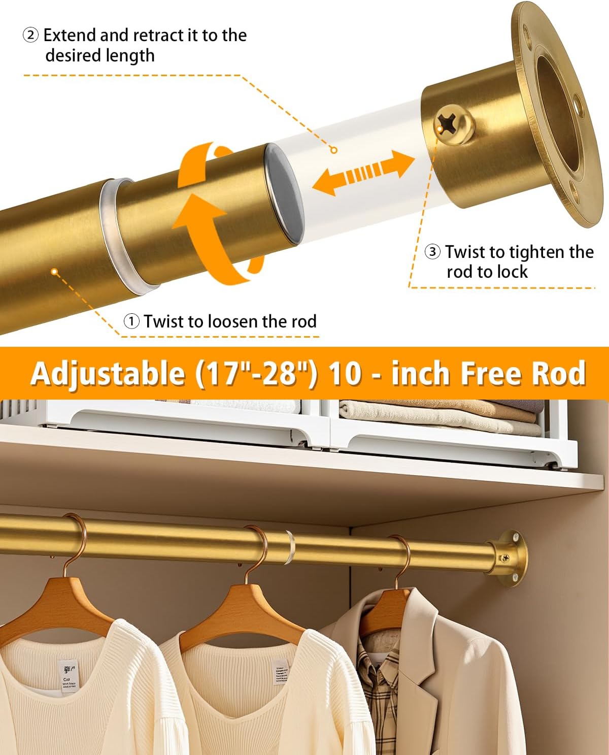 Closet Rods for Hanging Clothes, 17-28 Inch Heavy Duty and Stepless Adjustable Closet Poles, Stainless Steel Closet Hanging Rod for Closet, Wardrobes, Laundry Room, Bathroom, RV (Gold)