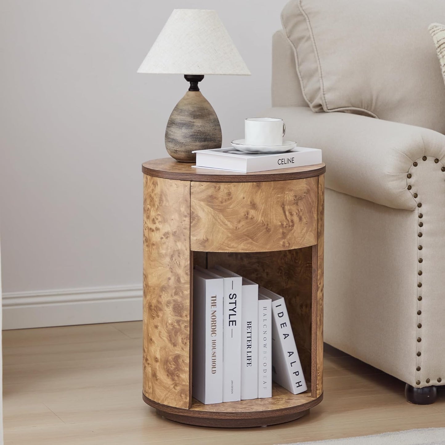 Side Table with Drawer, Round Bedside Table with Open Shelf, Farmhouse Burl Wood Nightstand Accent Table for Living Room, Bedroom (Walnut, 1-Pack)