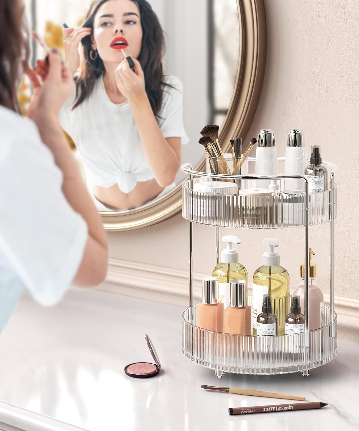 360° Rotating Makeup Organizer for Vanity, Skincare Perfume Organizers and Storage for Bathroom Countertop, Clear Makeup Brush Holder Lazy Susan for Counter (Transparent, 2 Tier)