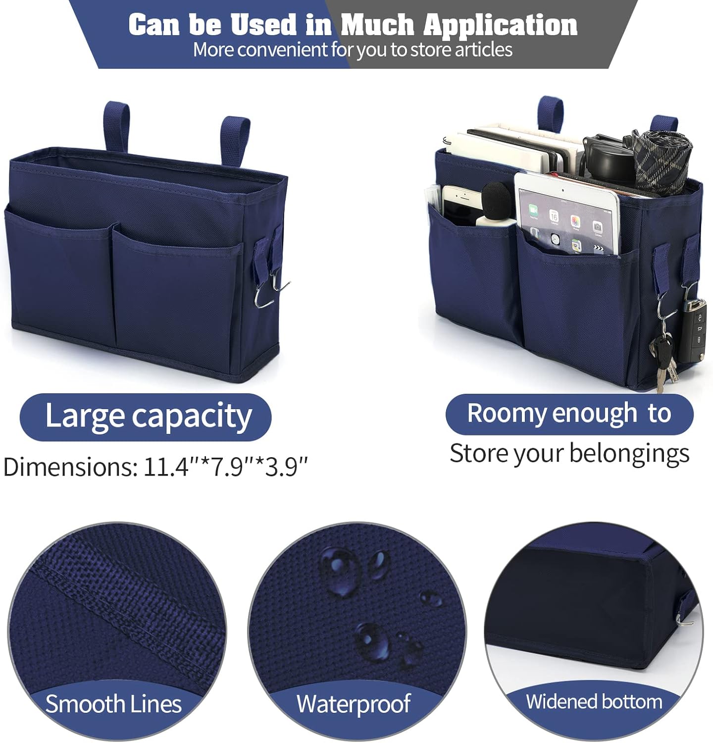 Bseash Bunk Bed Organizer, Bedside Caddy Hanging Bed Organizer Storage Bag with 4 Pockets and 2 Hooks, for College Dorm Rooms Bed, Hospital Bed, Baby Bed Rails, 600D Oxford Cloth (Navy Blue)