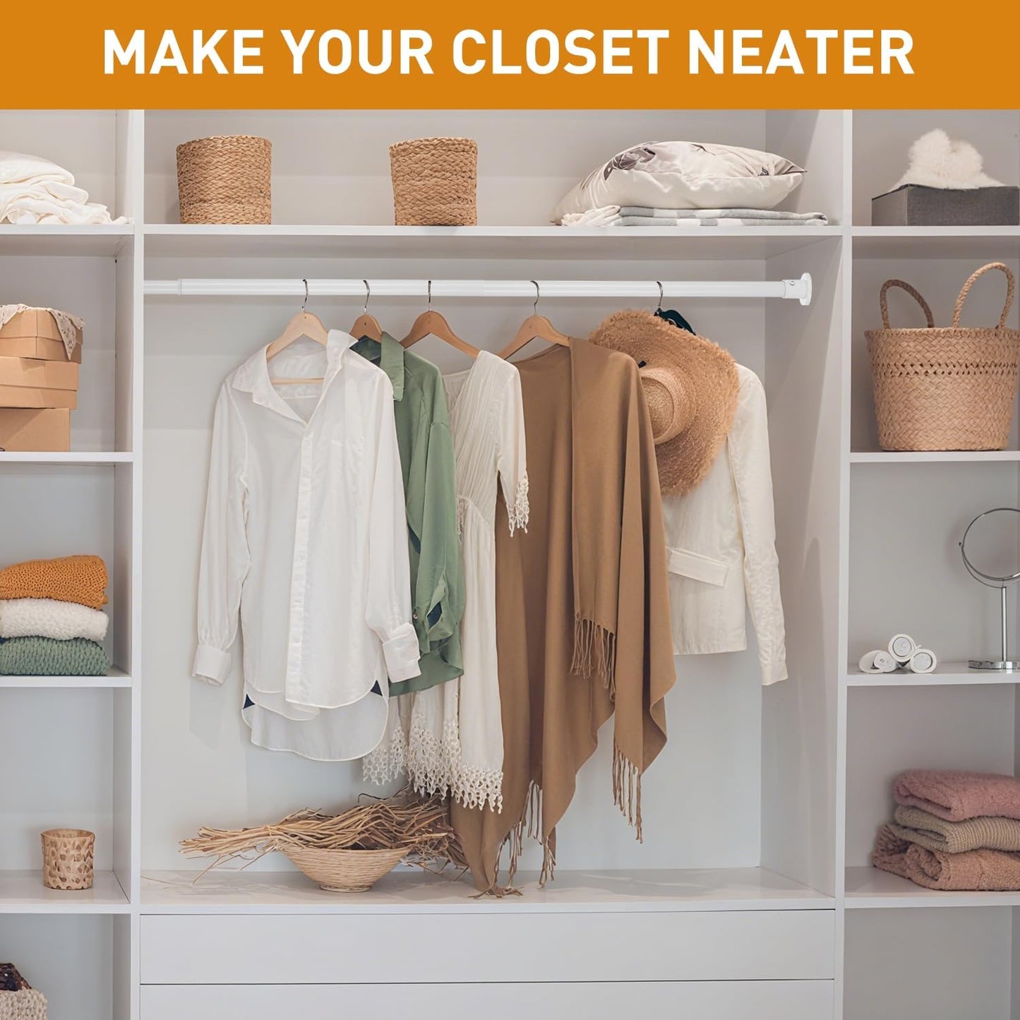 White Adjustable Closet Rod 18-77 Inches, Heavy Duty Metal Clothes Hanging Rod, Rust-Proof Non-Slip Wardrobe Bar for Closet, Laundry Room, RV