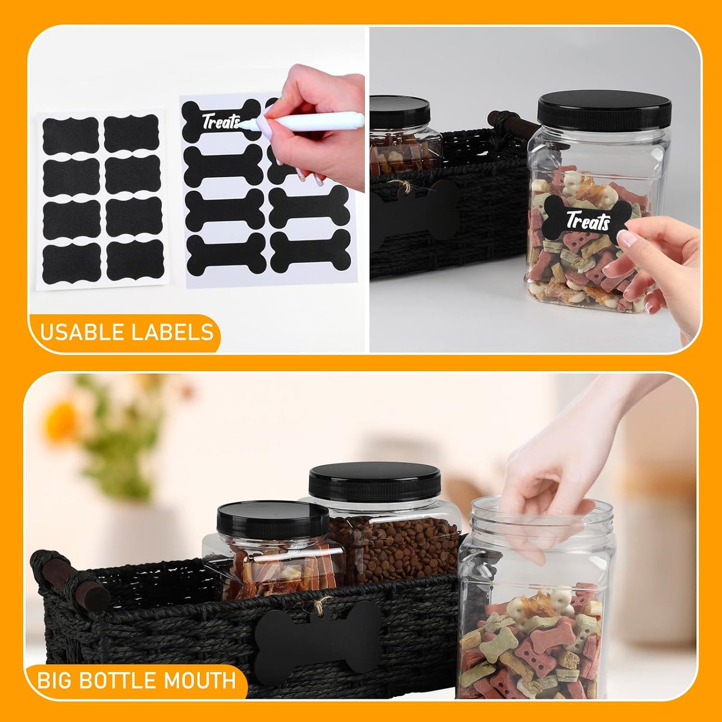 Geyecete Dog Treat Container for Countertop 3 Pack Clear Plastic Jars with Lids Pet Snack Organizer 32 Oz Square Containers with storage baskets