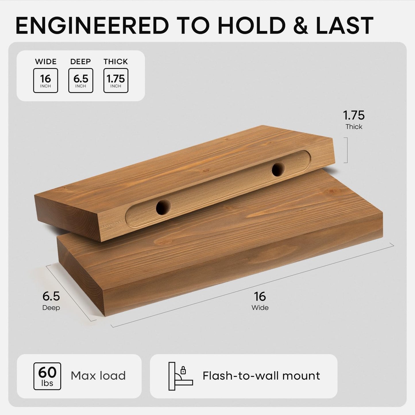 Homeforia 16 inch Golden Oak Floating Shelf, High End Solid Real Wood 16inch Small Floating Shelves for Wall Mounted, Oak Wooden 16in Floating Shelves, Heavy Duty Bracket, 16 X 6.5 X 1.75 in, Set of 4